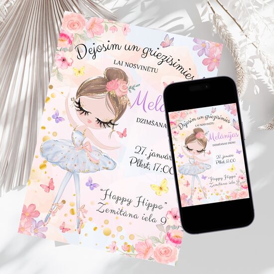 Balerīnas dzimšanas dienas digitāls ielūgums bērnu ballītei